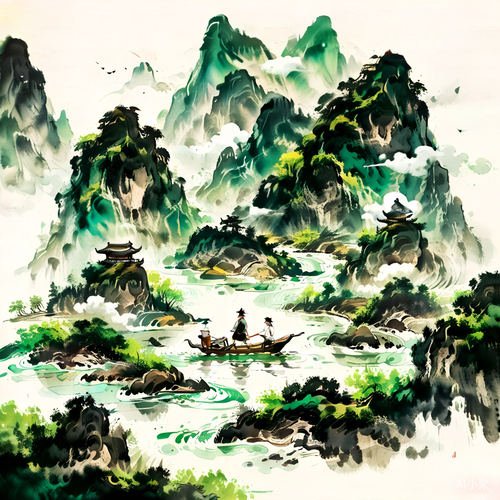 微观俯拍：中国水墨画中的石绿山景