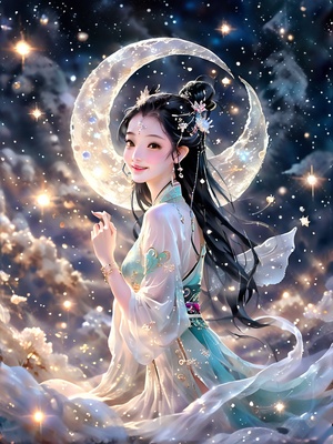 女性,美少女,高,瘦,黑发,长发,看向屏幕,浅笑,战斗姿态,宇宙,星星,月亮,发光，古代，修仙，神女，温和，平静，仙气，白衣