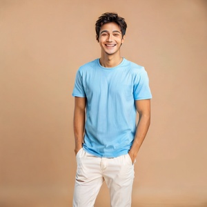 A young man, smiling, with a handsome face (without background), delicate and comfortable blue t-shirt, light colored pants, standing straight, bright and lively eyes, white background, (whole body), facing the camera,