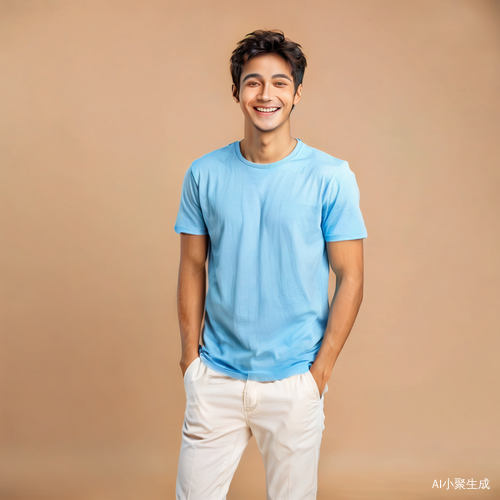 Smiling young man with a handsome face in blue t-shirt