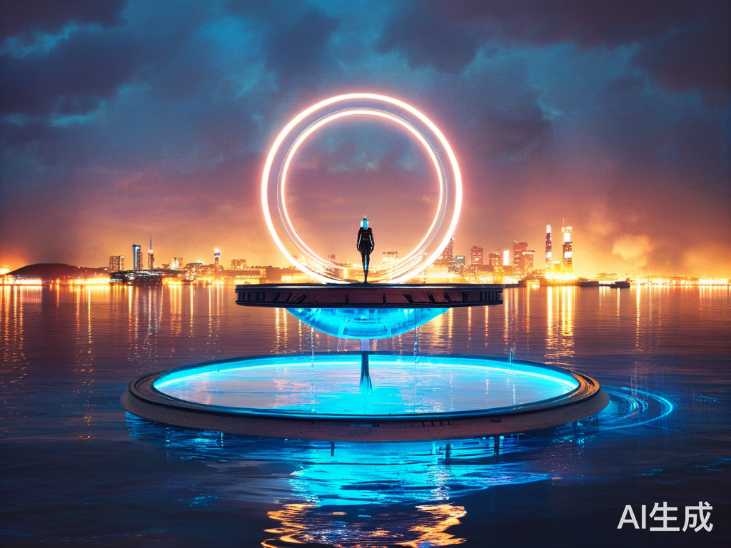 城市夜景中的水滴雕塑漂浮在圆形平台上