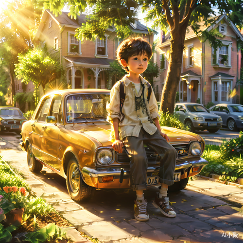 Cartoon Boy on a Sunny Street with Light