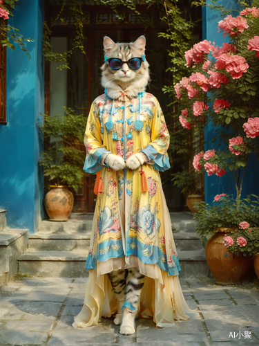 Beautiful Kitten in Fashionable Dress and Sunglasses on Surreal Catwalk