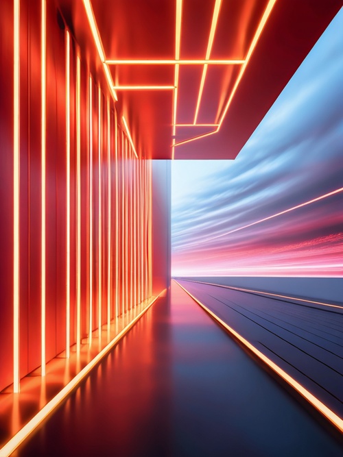 glowing gold lines,a red hallway wallpaper with red light through a white light, in the style of32k uhd, dynamic linear compositions, luminous atmosphere, minimalist stage designs, neon, light amber