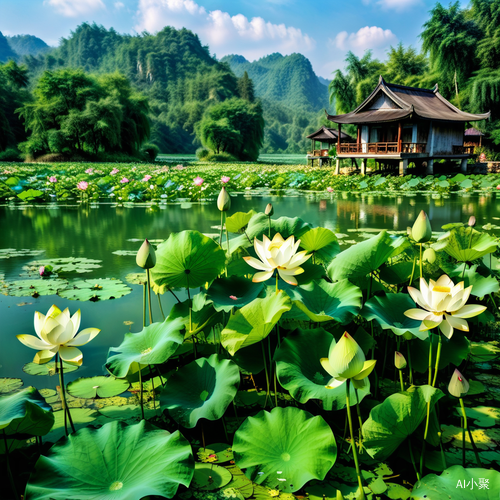 青绿色荷花与水清晰干净的美丽景色