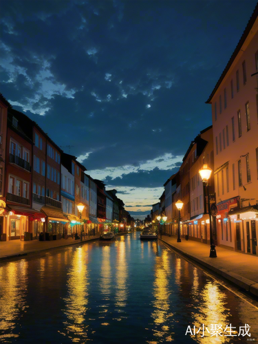 傍晚波光粼粼的水面蓝天白云氛围感路灯