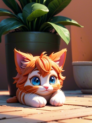 there is a small orange kitten laying on the ground next to a potted plant, cute cat, cute kitten, an adorable kitten, the cutest kitten ever, a cute cat, ultra realistic picture, ginger cat, adorable digital painting, cute large eyes, beautiful light big eyes, with cute doting eyes, cute animal, big cute eyes, adorable eyes, cute cat photo