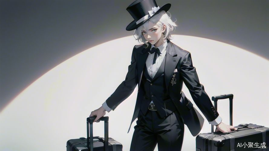 戴礼帽拿手提箱的黑色长外套配白发