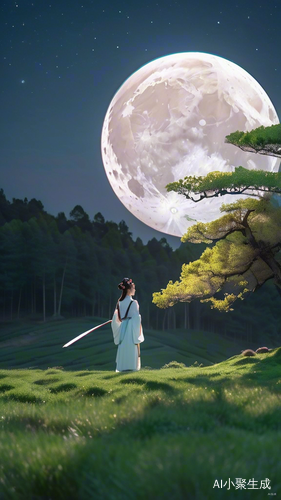古装人物手持白玉盘仰望月亮，森林中神秘的画面