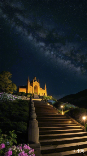 真实玫瑰花花海，夜色星空下的唯美山顶古建筑