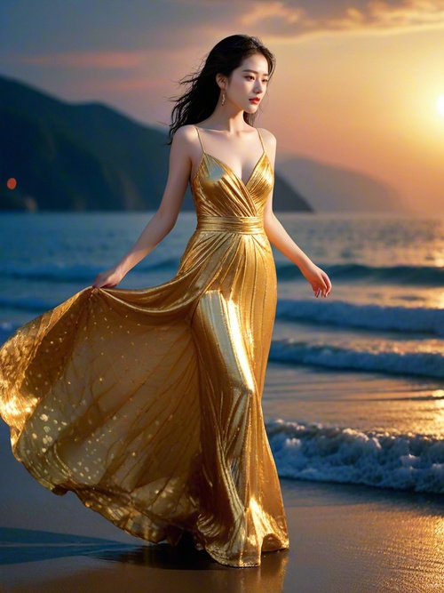 Hand-painted, illustrated, a girl, delicate features, wearing a gold evening gown, walking barefoot on the sea, dynamic movements, starlight, night sky, realistic picture quality, HD 8k翻译：手绘，插画，一个女孩，精致的五官，穿着金色的晚礼服，光脚走在海面上，动态动作，星光闪耀，夜空，逼真的画质，高清8k#ai #Ai绘画 #ai关键词 #midjourney关键词 #AI绘画有点东西 #绘画 #浪漫 #女孩 #海 #创意 #艺术 #素材 #设计师