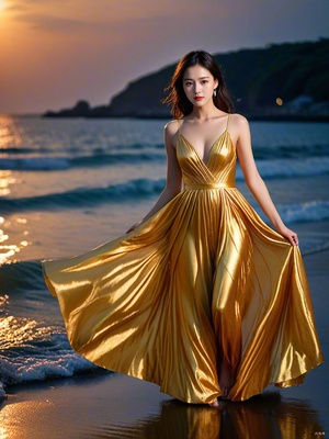 Hand-painted, illustrated, a girl, delicate features, wearing a gold evening gown, walking barefoot on the sea, dynamic movements, starlight, night sky, realistic picture quality, HD 8k翻译：手绘，插画，一个女孩，精致的五官，穿着金色的晚礼服，光脚走在海面上，动态动作，星光闪耀，夜空，逼真的画质，高清8k#ai #Ai绘画 #ai关键词 #midjourney关键词 #AI绘画有点东西 #绘画 #浪漫 #女孩 #海 #创意 #艺术 #素材 #设计师