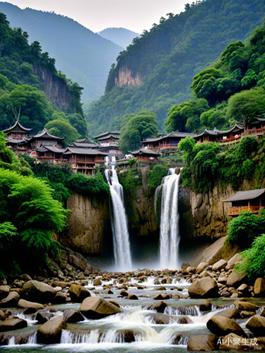 苗寨背山瀑布上，人洗澡瀑布下