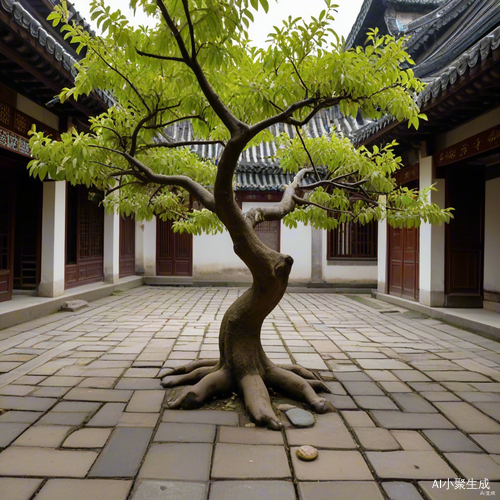 江南古风小庭院，古老梨花树的梦幻景观