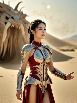 (asian girl(bones|cyborg)), in front of organism(dragon|cyborg)(fire) in (majestic,swirling dust and desert sands,dune,cinematic composition,soft shadows,national geographic style, huge moon,drak theme,blood red_sky),