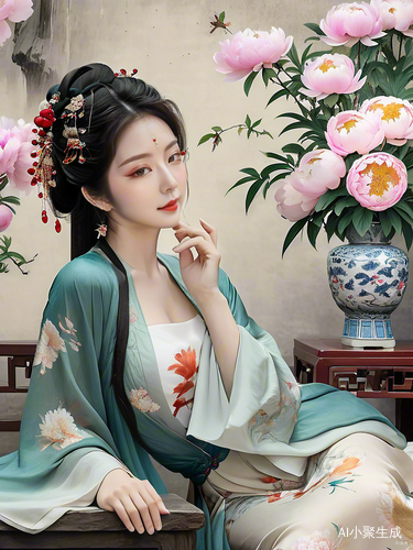 中国古典风情明代美女静享牡丹花