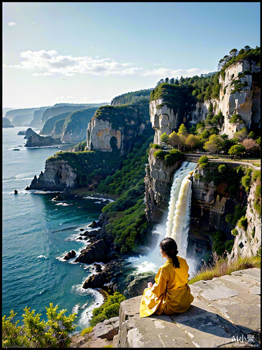 Magnificent temple buildings amidst cliffs and waterfall