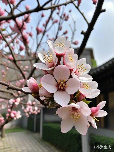 桃花盛开的古风小庭院