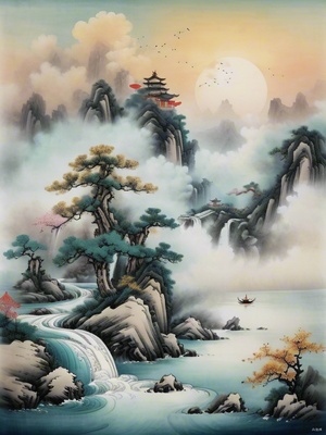 请根据“云千重，水千重，身在千重云水中”画一幅禅意风格的国画