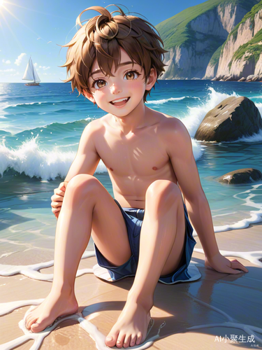 光脚男孩在阳光海边开心