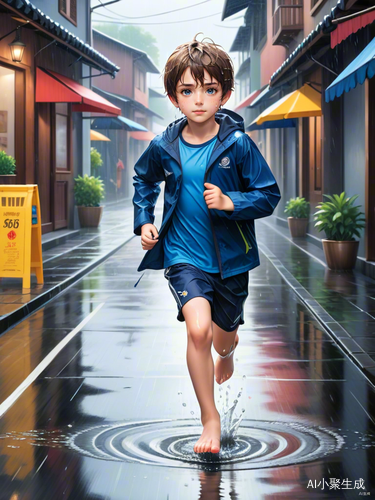 光脚男孩在雨天湿漉漉地跑步