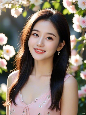 A cheerful and sweet woman, with a lovely oval face, a sunny aura, a smile, wearing a floral dress, bright sunlight, vivid light and shadow, delicate appearance, high-quality CG, movie-level picture quality, warm atmosphere, beautiful. Confidently looking towards the future, long hair, black eyes, expressive eyes, delicate nose, rosy lips, charming smile, front view, full-body portrait, high-quality CG, 8K resolution, clear and clean background.