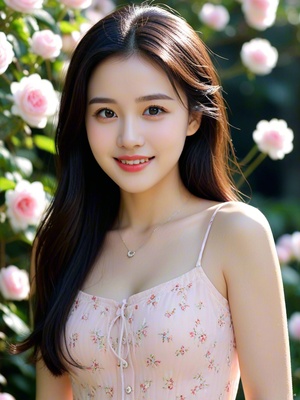 A cheerful and sweet woman, with a lovely oval face, a sunny aura, a smile, wearing a floral dress, bright sunlight, vivid light and shadow, delicate appearance, high-quality CG, movie-level picture quality, warm atmosphere, beautiful. Confidently looking towards the future, long hair, black eyes, expressive eyes, delicate nose, rosy lips, charming smile, front view, full-body portrait, high-quality CG, 8K resolution, clear and clean background.