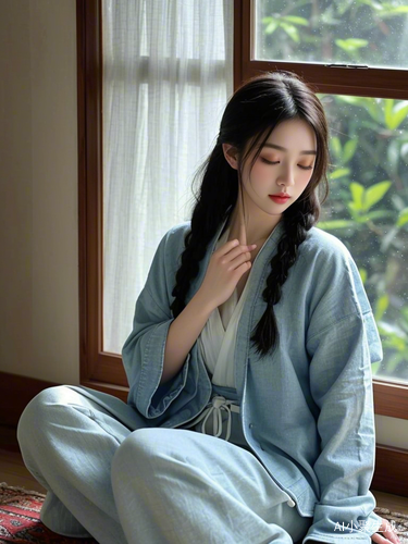 美丽少女的绝美神图，窗外透进的天上阳光