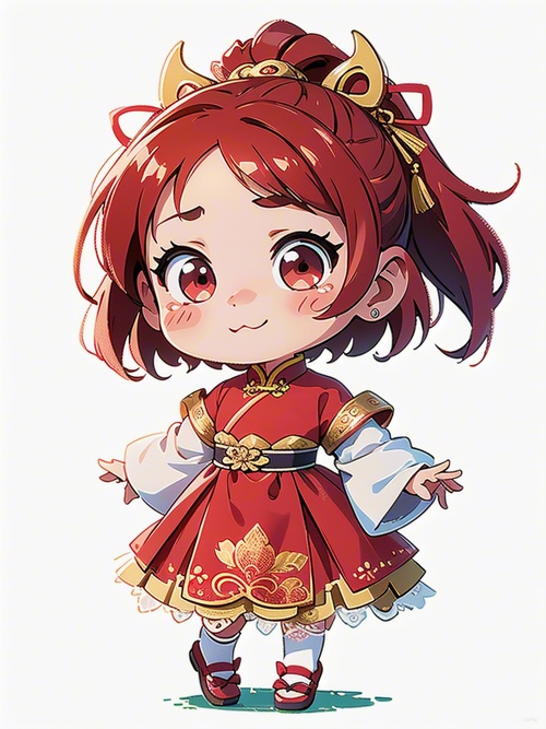 小女孩，精致的红汉服，古典精致，中国风，全身图，chibi，12种姿势和表情，emoticons[头晕、高兴、生气、哭泣、悲伤、可爱、期待、大笑、失望和害羞、困倦、吃饭、头晕、表达爱意，等]，线条艺术，贴纸艺术，白色背景