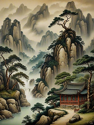 水墨山水AI绘制的中国山水画，笔触细腻，层次分明。淡墨和浓墨的巧妙运用，营造出云雾缭绕的景象；水面墨色的变化，生动地捕捉了流动的韵律；巧妙的构图，远近景深的层次，感让人仿佛置身其境；近处的树木和岩石，中间的连绵山峦，远处的云雾缭绕，每一处都细节丰富，和谐共融，让人的目光在画中自由游走，品味无穷。画面传达了一种，对自然景观的精准描绘和深情赞美，体现了山的坚毅与水的智慧，寓意深远。小舟和远方的亭子，似乎在诉说着人与自然的和谐相处，展现了一种理想的自然生活状态。 #ai绘画