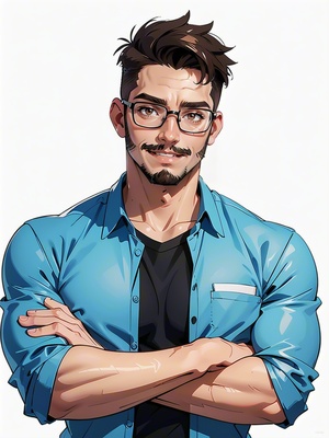 1boy,male_focus,solo,facial_hair,glasses,shirt,blue_shirt,bara,upper_body,short_hair,looking_at_viewer,beard,muscular_male,white_background,muscular,brown_eyes,mature_male,crossed_arms,simple_background,black-framed_eyewear,brown_hair,black_hair,pectorals,smile,sideburns