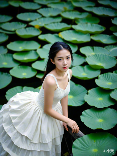 Organic Minimalism: White Dress Girl in Lotus Environment