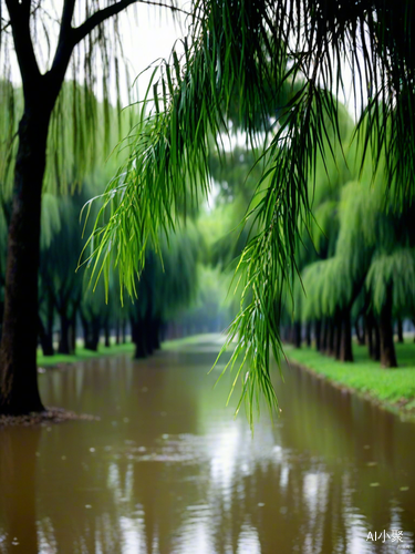 夏雨江南水乡，细柳飘扬绿意黯然