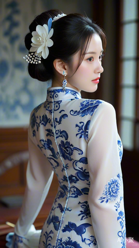 Elegant Beauty in Blue and White: Timeless Qipao Chic