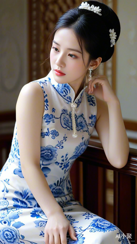 Elegant Beauty in Blue and White: Timeless Qipao Chic