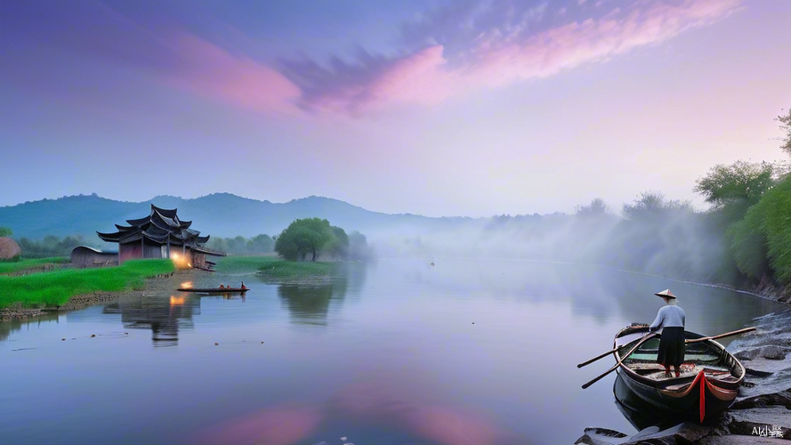 夕阳西下，水乡风情