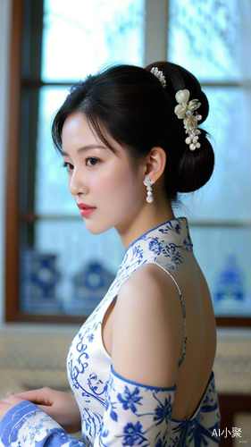 Elegant Beauty in Blue and White Porcelain Qipao