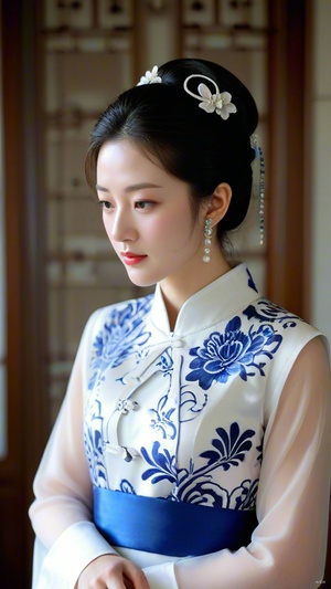 A classical beauty in a blue and white porcelain - patterned qipao , wearing exquisite hair accessories , with a background of blue and white porcelain , detailed and soft colors , showcasing elegance and timeless beauty .