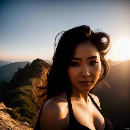 大眼睛东方韵味美女，在山顶夕阳西下眺望远方