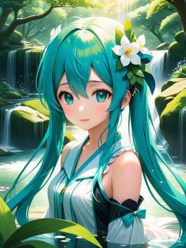 Tranquil Waterfall and Delicate Petals: Miku's Serene Oasis