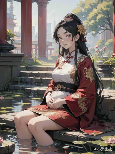 古代红衣美女坐姿装扮