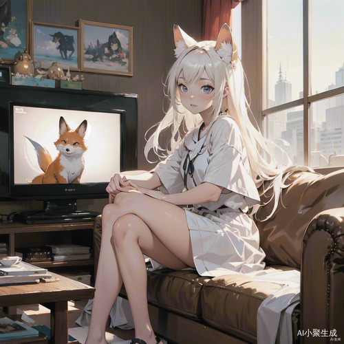 小狐狸菲菲在客厅看电视