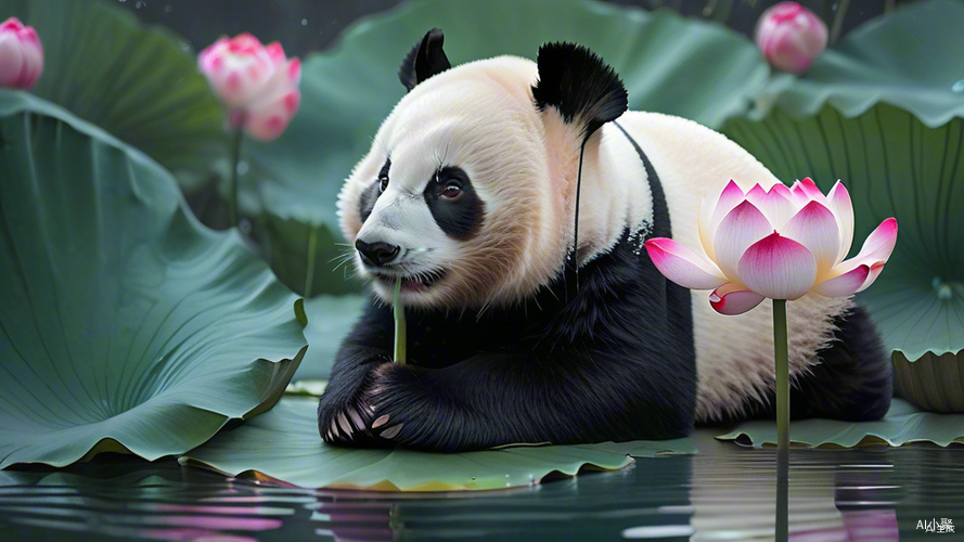 Chinese Panda Cub on Lotus Leaf in Crafts Style