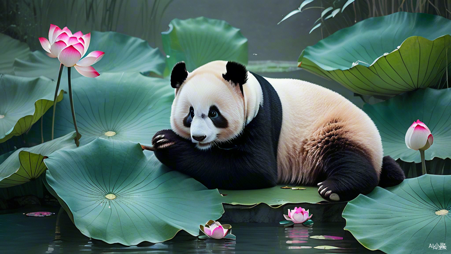 Chinese Panda Cub on Lotus Leaf in Crafts Style