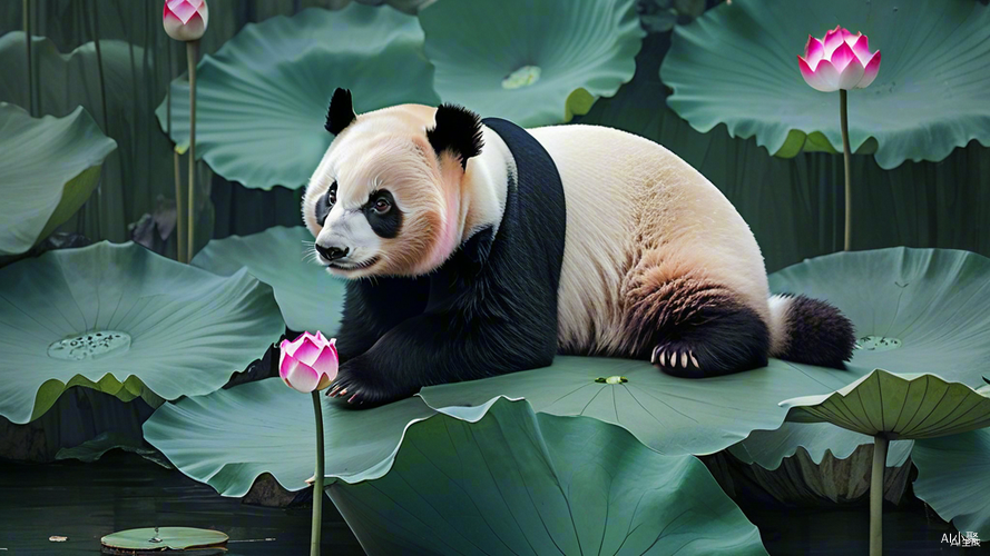 Chinese Panda Cub on Lotus Leaf in Crafts Style