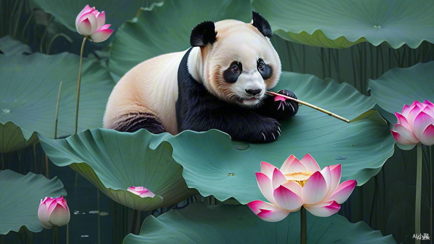 Chinese Panda Cub on Lotus Leaf in Crafts Style