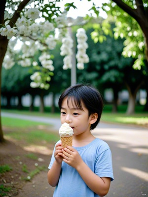 一个小孩吃冰淇淋，开心，看着冰淇淋，街角的大树旁，远景，高清摄影