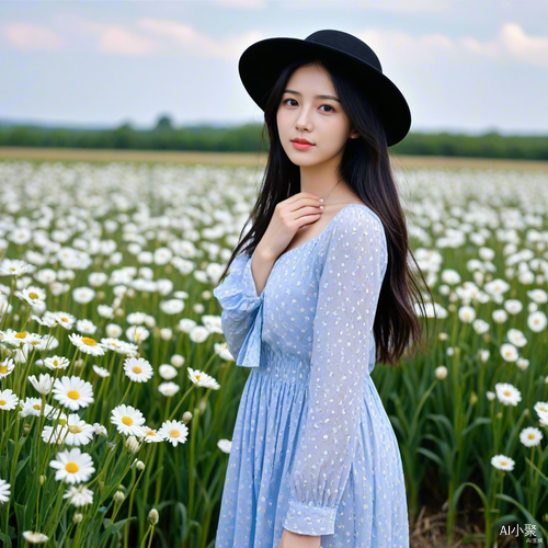 Girl in White Dress with Sun Hat in Outdoor Field