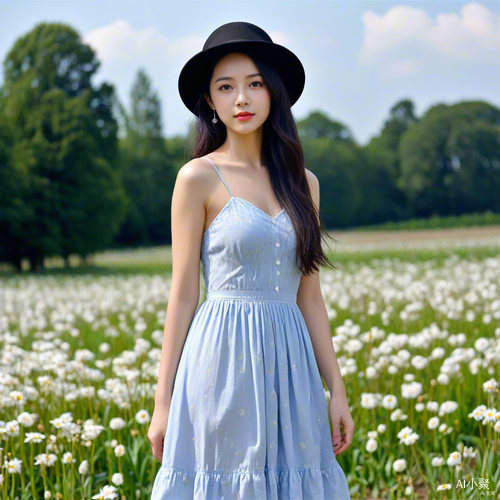 Girl in White Dress with Sun Hat in Outdoor Field