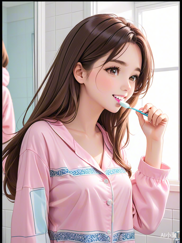 Long-haired beauty brushing teeth in pink pajamas